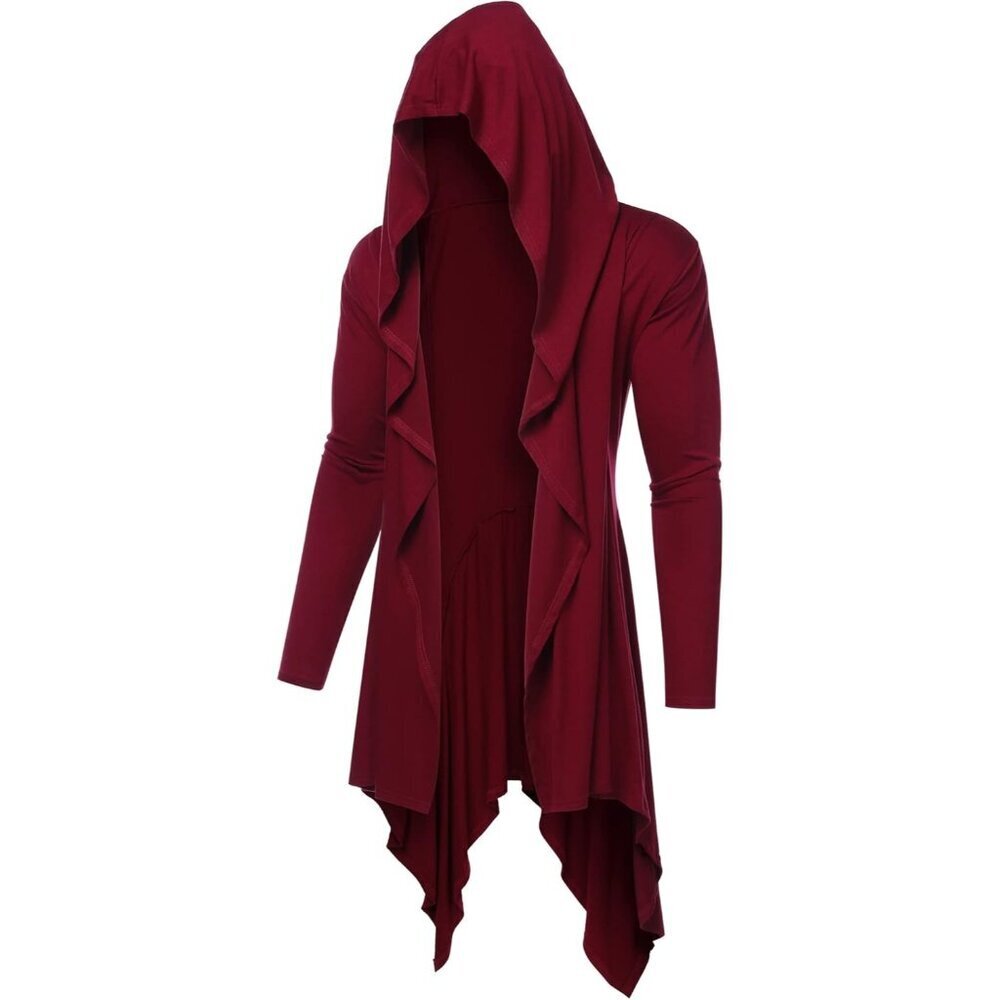 Men's Wine Red Long Hooded Cardigan Ruffle Shawl Collar Lightweight Overcoat